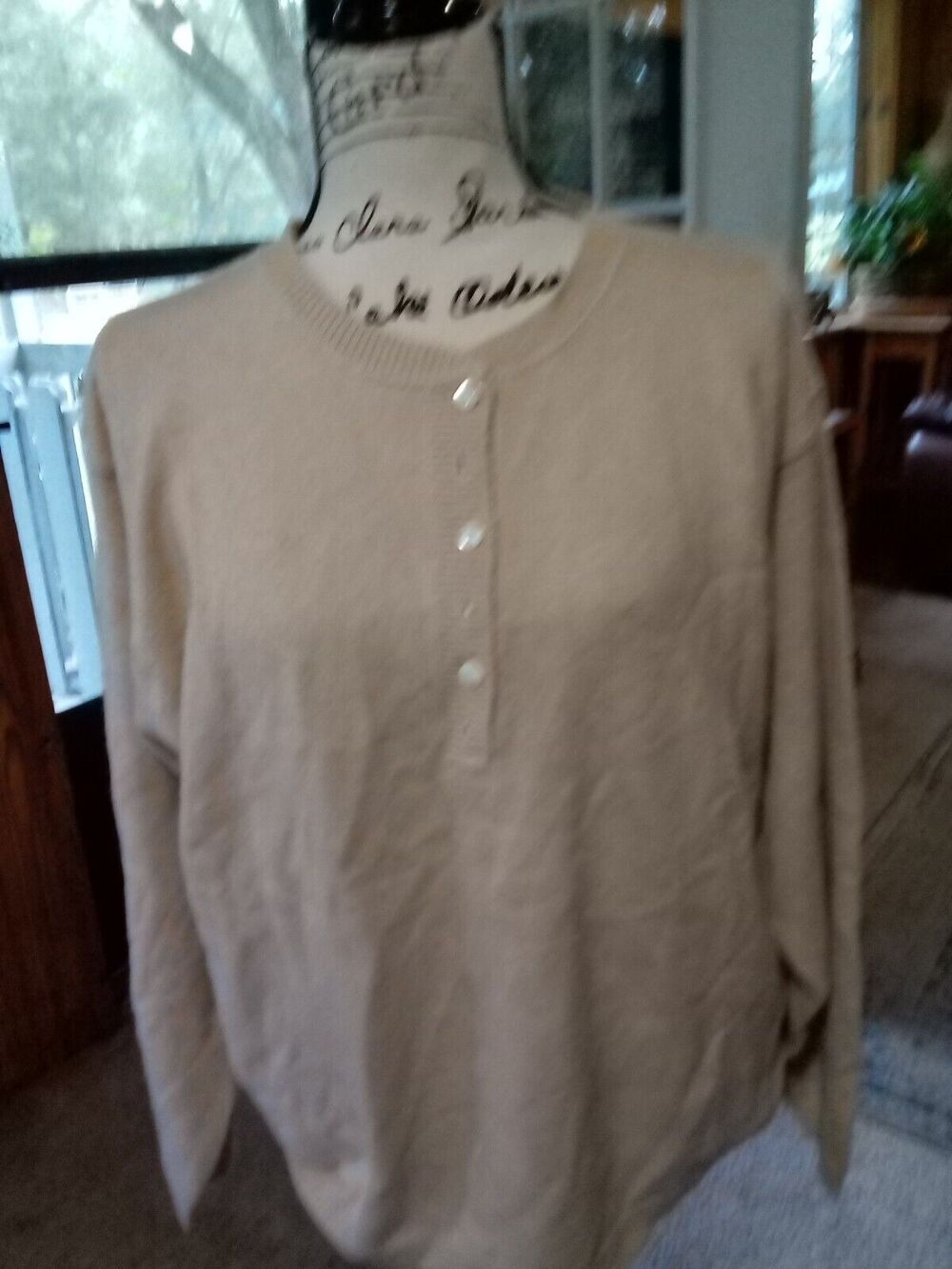 Eddie Bauer Sweater Womens L Beige Cashmere Cotton 1/2 Button Down